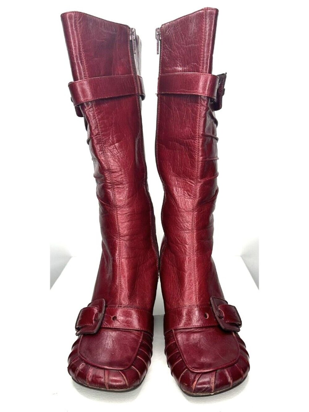 Miz Mooz Broadway Red Leather Knee High Wedge Boots Womens 6 Zip Boho Witchy - Picture 2 of 13